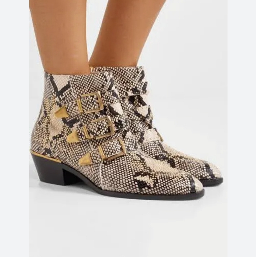 Chloe Snakeskin Ankle Boots with Gold Buckles